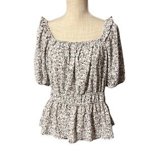 NWT Nine West Short Sleeve Square Neck Peplum Blouse Shirt Womens Size L Floral